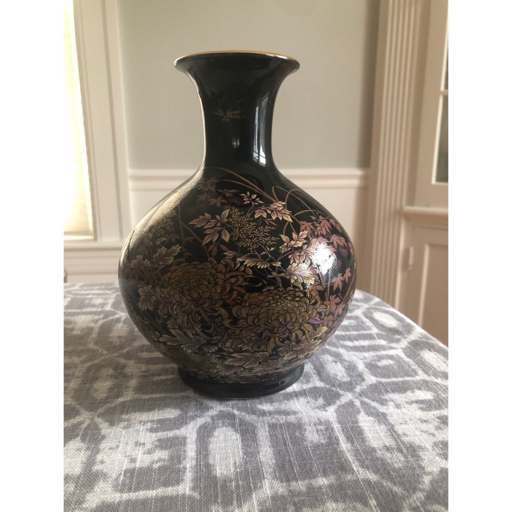Shibata Japan Vintage Black Porcelain Vase -Polychrome Dragonflies Flower Design